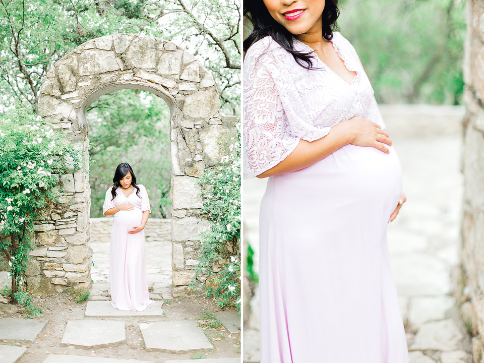 pregnant mother in archway in pink dress in texas