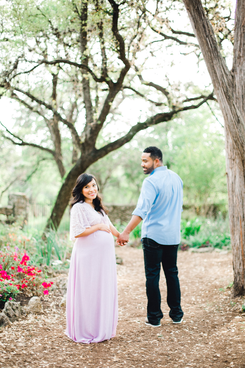 pink maternity dress and couples session