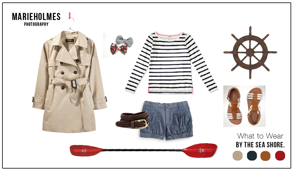 a trench coat, striped shirt, chambray shorts, belt and sandals